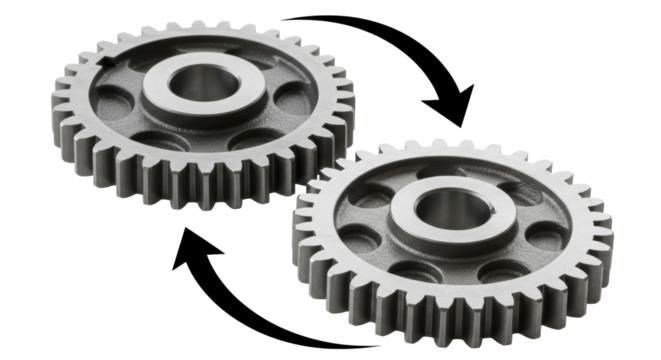 Isolated Gears in motion indicating rotation or mechanism with arrows, 3D rendering