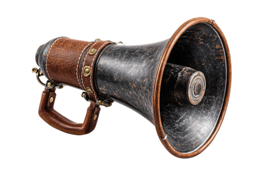 Retro megaphone with weathered surface, leather strap and riveted seams, bell opening emphasized, isolated on transparent background.
