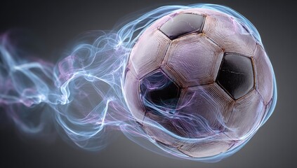 Naklejka premium A worn soccer ball, seemingly made of smoke and light, streaks across a dark gray background, leaving a luminous trail in its wake