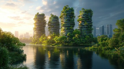 Eco-friendly skyscrapers on a lake at sunset.