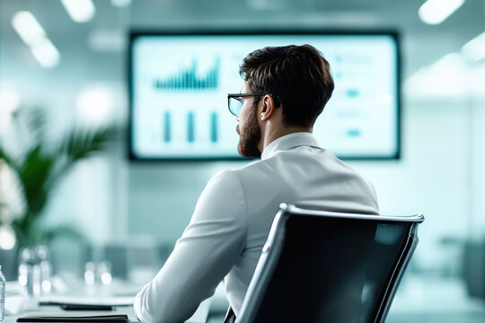 professional man in white shirt and glasses sits in boardroom, attentively observing presentation on screen displaying various graphs and data. is focused and business oriented