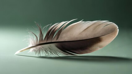 A single, light grey and dark grey bird feather rests on a muted teal background, subtly illuminated to highlight its delicate texture and fine barbs. A soft shadow is cast beneath