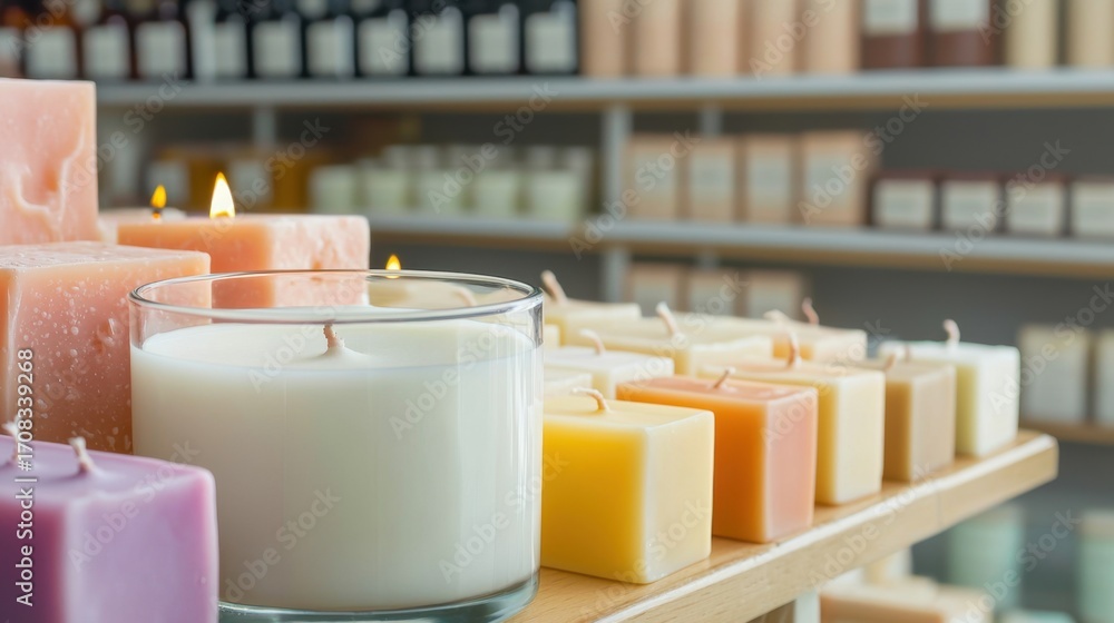 Poster artisan candles and handmade soaps on display in a bright and inviting workspace