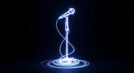 Luminous microphone on a stage, crafted from swirling lines of blue and purple light, symbolizing modern performance and technology