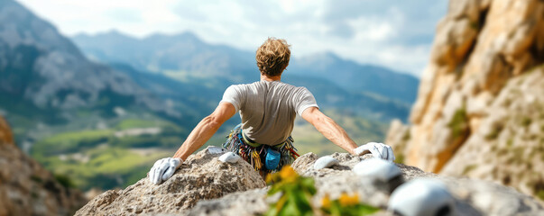 Climber reaching peak, enjoying breathtaking mountain view. scene captures thrill of adventure and beauty of nature, inspiring sense of freedom and achievement