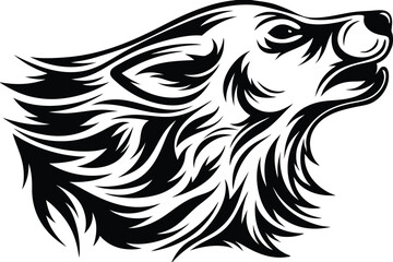 Stylized wolf head howls upward with black tribal fur pattern shown in silhouette