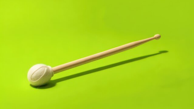 A single, light-colored mallet with a rounded head rests diagonally on a bright lime green background, casting a distinct shadow. The mallet's wooden shaft is slender and smooth