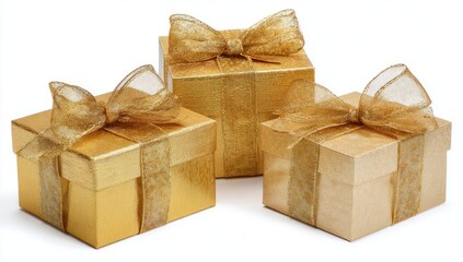 Three gold and beige gift boxes, adorned with gold ribbons and bows, sit on a white background