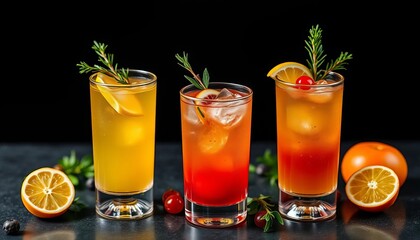 Fototapeta premium Three elegant cocktails garnished with fruit & herbs in stemmed glasses on dark background, background, stemmed