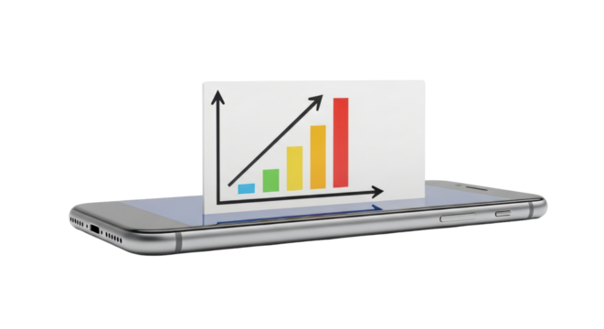 Isolated phone device with graphics data display showing growth trend and sales forecast