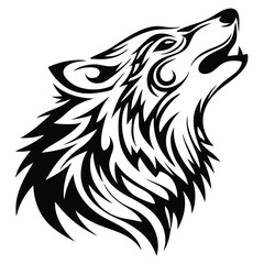 Stylish wolf head showcases an artistic monochrome silhouette while howling towards the sky above