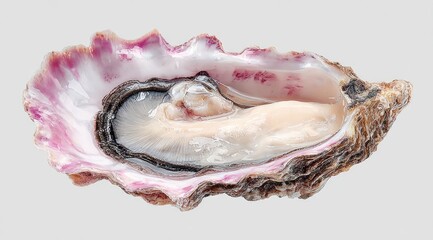 Open oyster, vibrant pink and white shell, displaying inner flesh