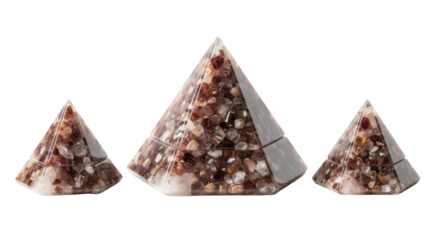 Isolated pyramids of crystals three pieces home decor object meditation stones art craft