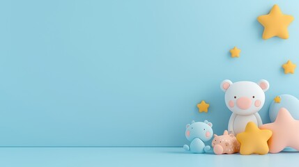 Whimsical Pastel Baby Shower Banner with Cute Soft Toys and Stars on a Blue Background