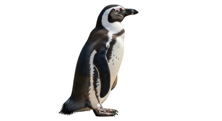 Isolated Humboldt penguin in profile, side view—standing, showing eye detail, beak, and feathers