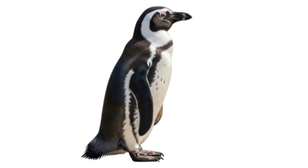 Isolated Humboldt penguin in profile, side view—standing, showing eye detail, beak, and feathers