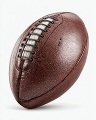Brown leather American football, slightly angled, on white background.  Stitching and texture visible