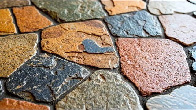 Textured rustic stone wall background with colorful, irregular flagstones in earthy tones.