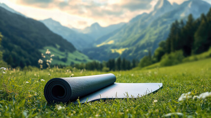 yoga mat unrolled on green grass in scenic mountain landscape, surrounded by nature beauty. environment invites relaxation and mindfulness