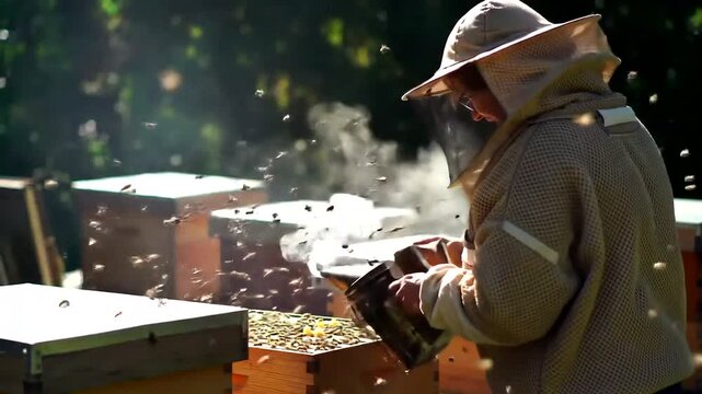 A beekeeper tends to the hive, surrounded by bees and using smoke to manage the colony safely.