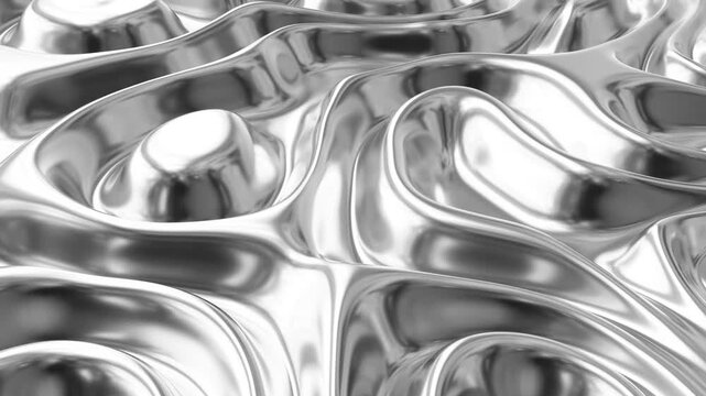 Abstract fluid texture of swirling liquid chrome metal waves with motion light effect. Seamless looping video. 4k psychedelic hypnotic graphics dynamic silver background