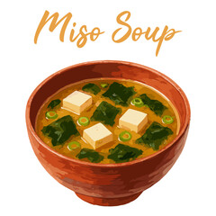 miso soup in watercolor illustration style, isolated vector on white background