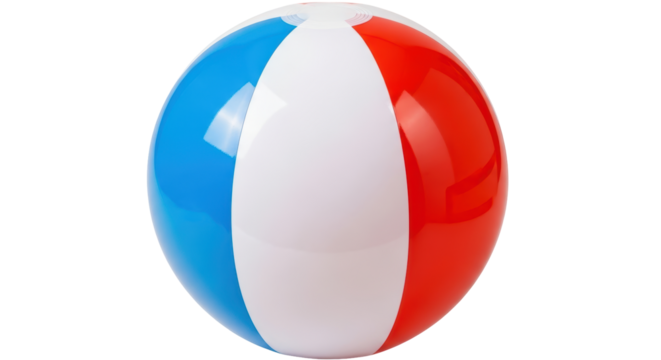 Isolated, bright, fun beach ball with blue, white, and red panels floating in the air