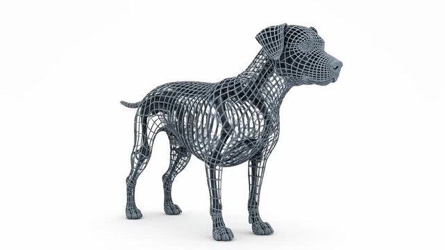 Dynamic wireframe dog sculpture poised for movement, representing innovation, technology, and artistic expression in modern design
