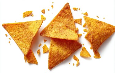 Crispy tortilla chips scattered on white