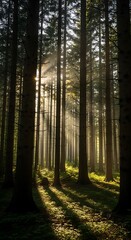 Obraz premium Sunbeams pierce through a dense forest, casting dramatic shadows on the mossy forest floor.