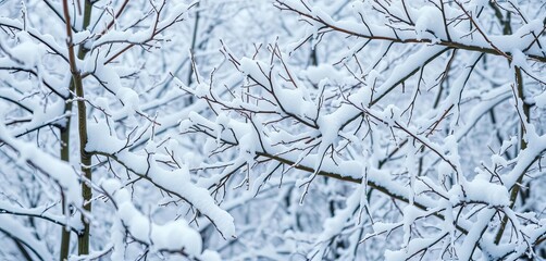 Heavy snow blankets delicate, interwoven branches, creating a winter wonderland,  branches, snow