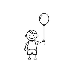 Happy Child Holding a Balloon, Simple Line Art Illustration
