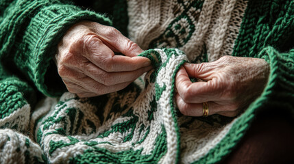 Knitters hands skillfully work on green and white patterned fabric, art of knitting. intricate details highlight craftsmanship and dedication involved in this timeless craft