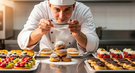 Pastry chef dusting powdered sugar on a stack of delicious pastries