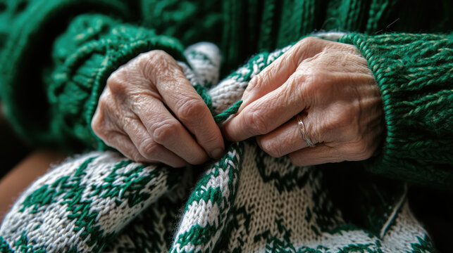 Hands skillfully knitting cozy green and white garment, intricate patterns and textures of yarn. warmth of moment is palpable