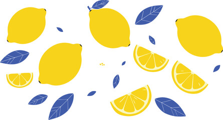 Fresh yellow lemons with slices and blue leaves, citrus fruit pattern, summer food vector illustration