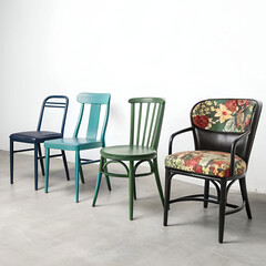 four chairs are shown in different colors and style