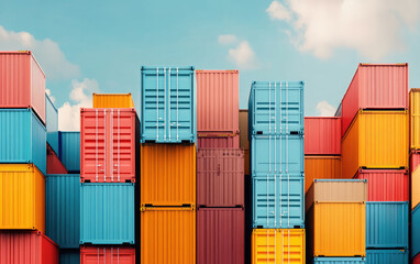 Fototapeta premium Colorful stacked shipping containers against blue sky with clouds. vibrant colors create striking visual, industrial aspect of transportation and logistics