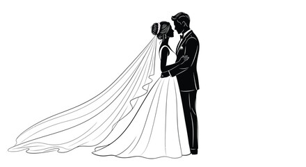 Silhouette of a bride and groom embracing, , a romantic wedding illustration for invitations