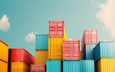 Fototapeta premium Colorful stacked shipping containers against clear blue sky create vibrant industrial scene. arrangement s various colors, adding visual interest to landscape