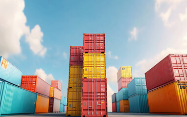 Fototapeta premium Colorful shipping containers stacked in port against blue sky. vibrant colors create striking visual, industrial environment of cargo transport