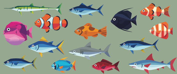 Naklejka premium Geometric Fish Collection – Tuna, Shark, Clownfish, Tropical and Reef Fish Vector Illustration