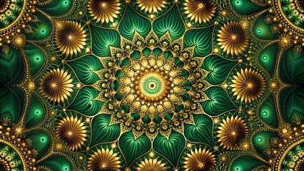 Intricate emerald and gold fractal mandala with sparkling glitter and floral patterns, a mesmerizing symmetrical design