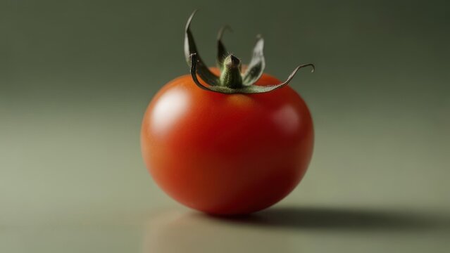 A single, ripe red cherry tomato rests on a muted green surface, its glossy skin reflecting light, the stem's green calyx slightly askew