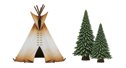 Isolated Teepee and Evergreen Trees, Native American camp structure and pine trees outdoor scene © Sindre