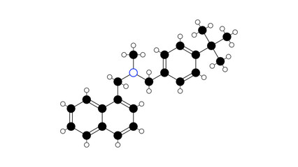 butenafine molecule, structural chemical formula, ball-and-stick model, isolated image antifungal