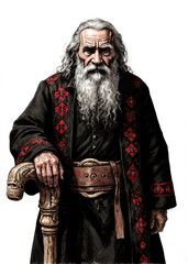 Fantasy RPG illustration of an elderly nomadic leader inspired by Romani patriarchs, with wrinkled face and long gray beard, old school tribal character design for tabletop roleplay