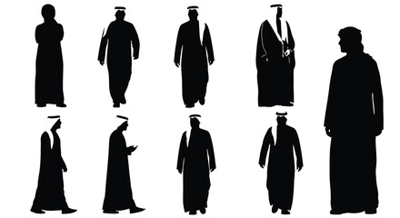 Silhouette of arab man, a traditional islamic clothing in black color for culture and religion