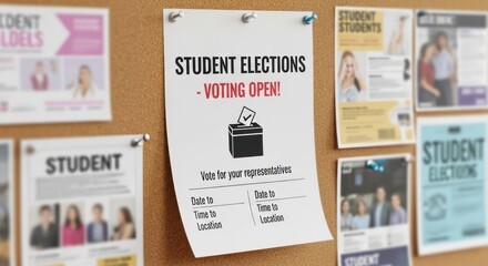 Student Elections Announcement on Corkboard with Other Posters Informing Students