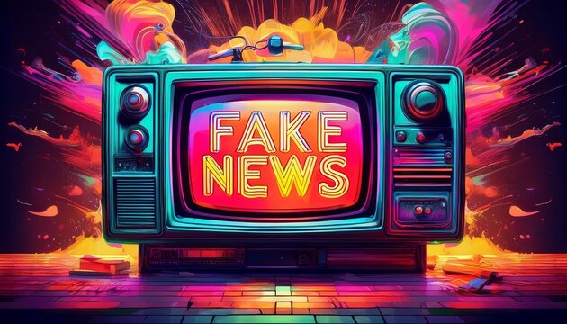 digital art featuring a retro television displaying fake news with vibrant neon colors and dynamic motion effects
